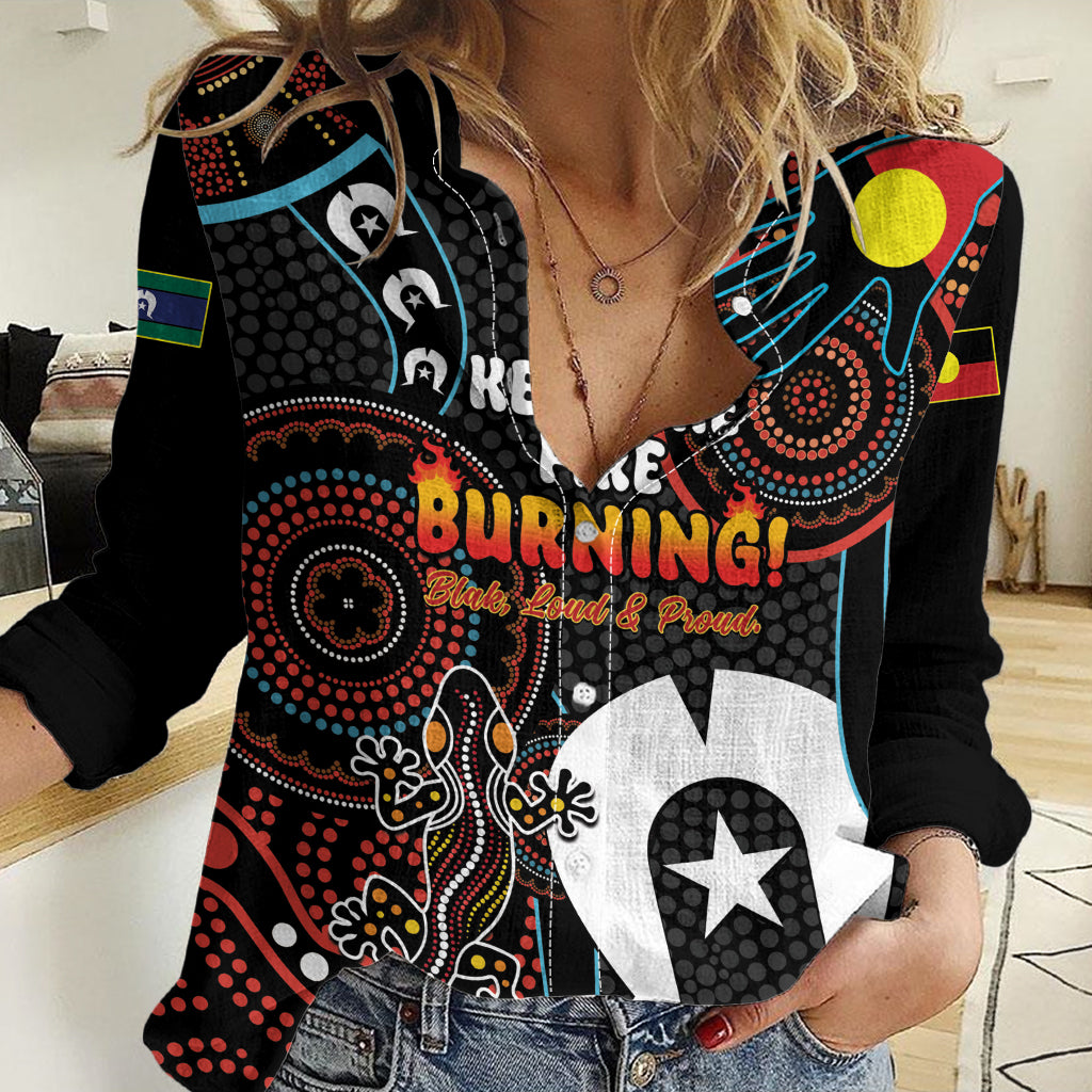 NAIDOC Week 2024 Women Casual Shirt Keep The Fire Burning Indigenous Art - Vibe Hoodie Shop