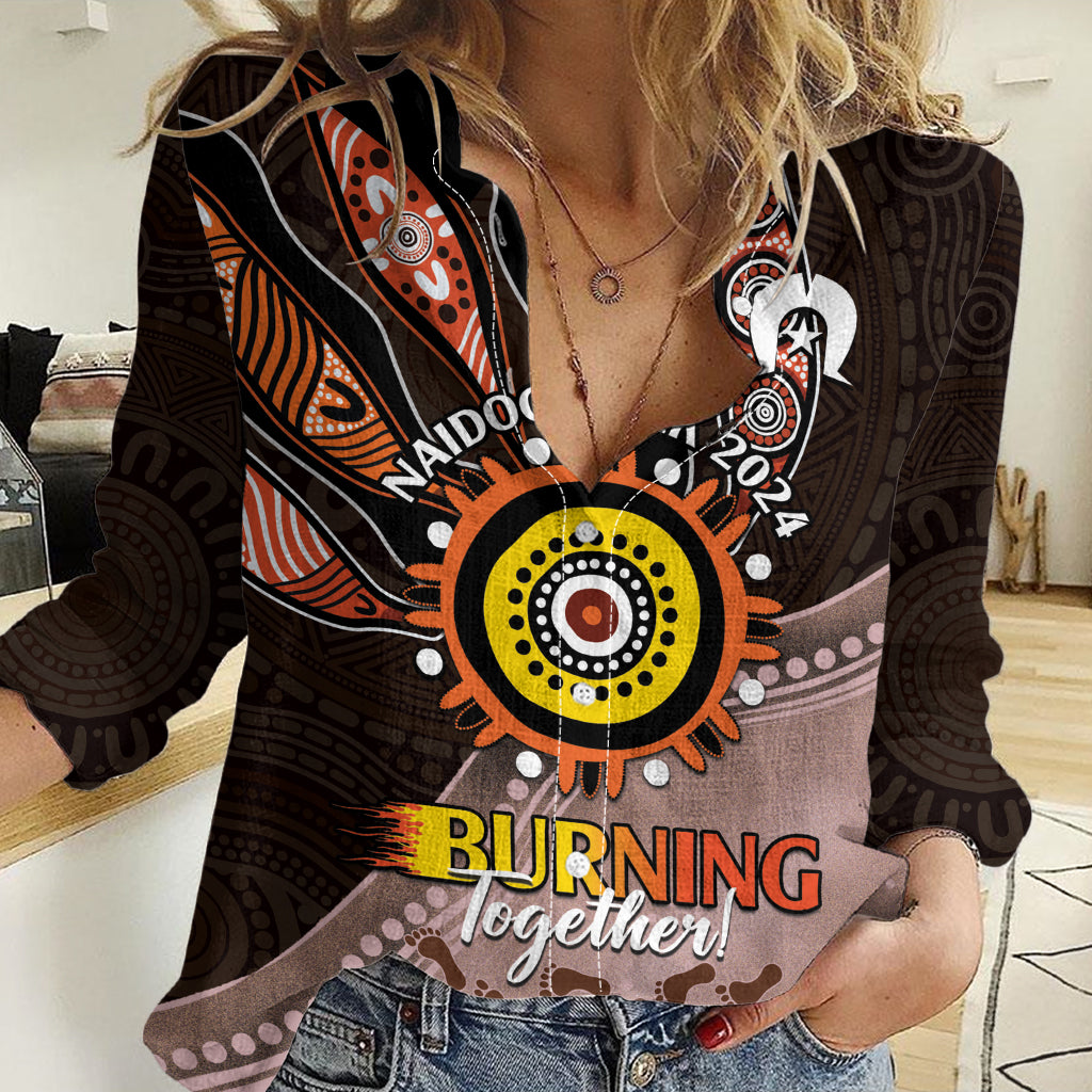 Fire Burning Together NAIDOC 2024 Women Casual Shirt Indigenous Art - Vibe Hoodie Shop