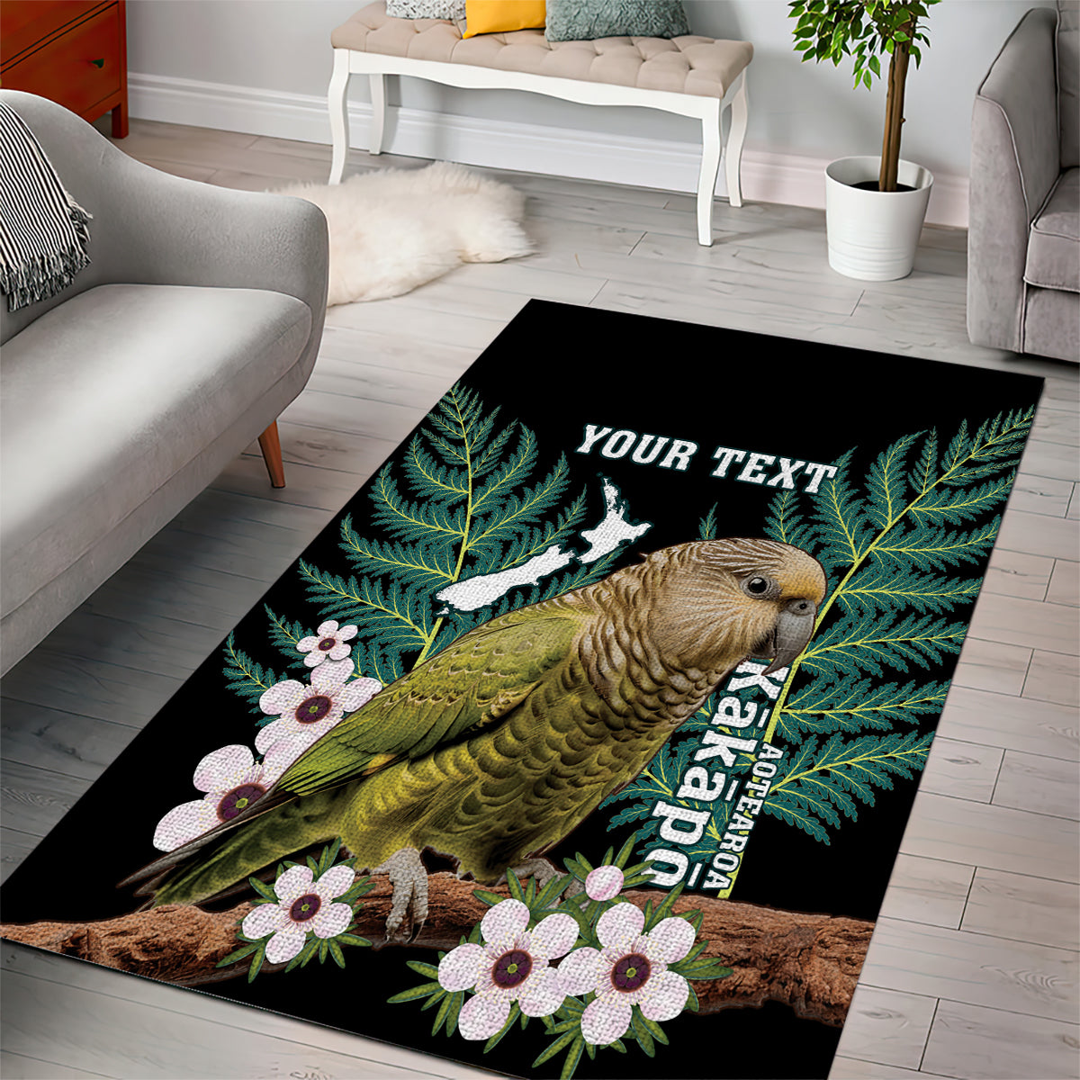 Personalised New Zealand Kakapo Area Rug Aotearoa Fern With Manuka - Vibe Hoodie Shop