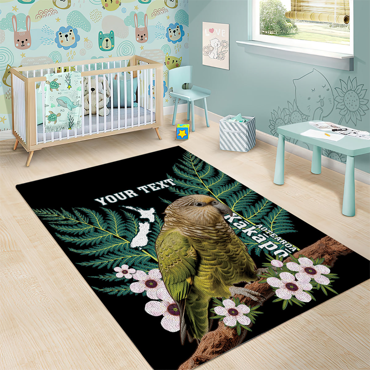 Personalised New Zealand Kakapo Area Rug Aotearoa Fern With Manuka - Vibe Hoodie Shop