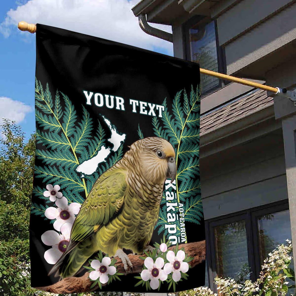 Personalised New Zealand Kakapo Garden Flag Aotearoa Fern With Manuka - Vibe Hoodie Shop