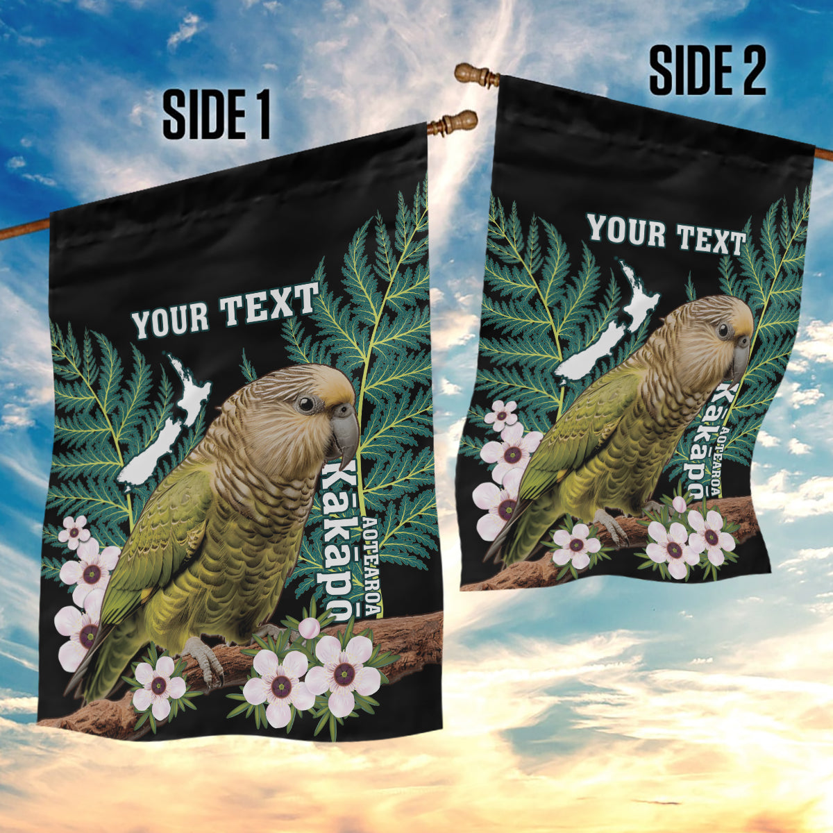 Personalised New Zealand Kakapo Garden Flag Aotearoa Fern With Manuka - Vibe Hoodie Shop