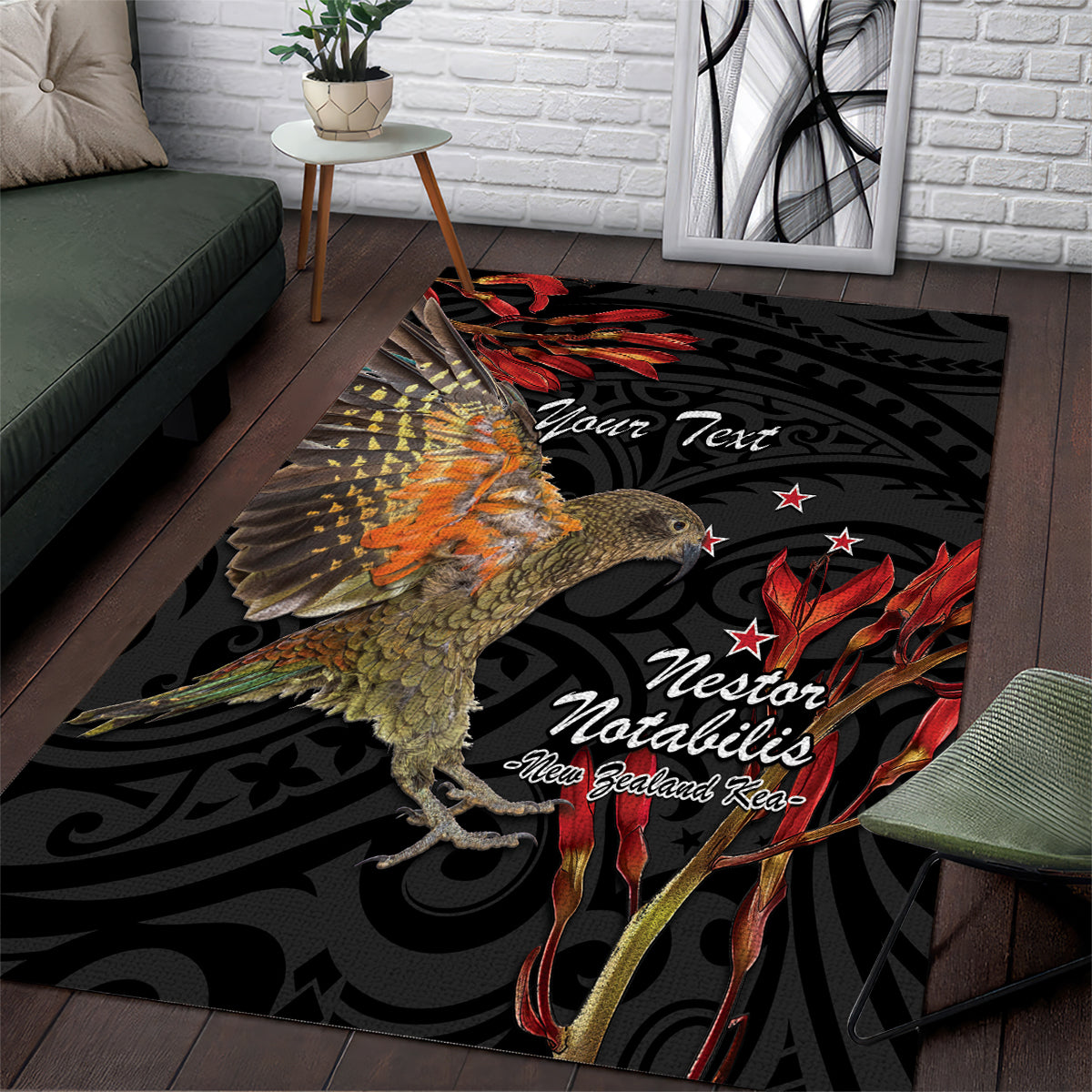 Personalised New Zealand Kea Area Rug Nestor Notabilis With Harakeke Maori Pattern - Vibe Hoodie Shop