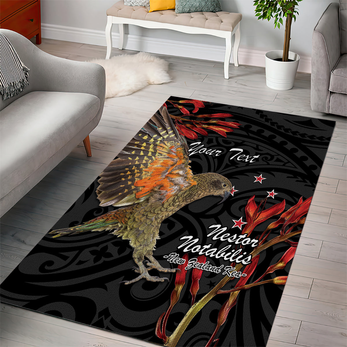 Personalised New Zealand Kea Area Rug Nestor Notabilis With Harakeke Maori Pattern - Vibe Hoodie Shop