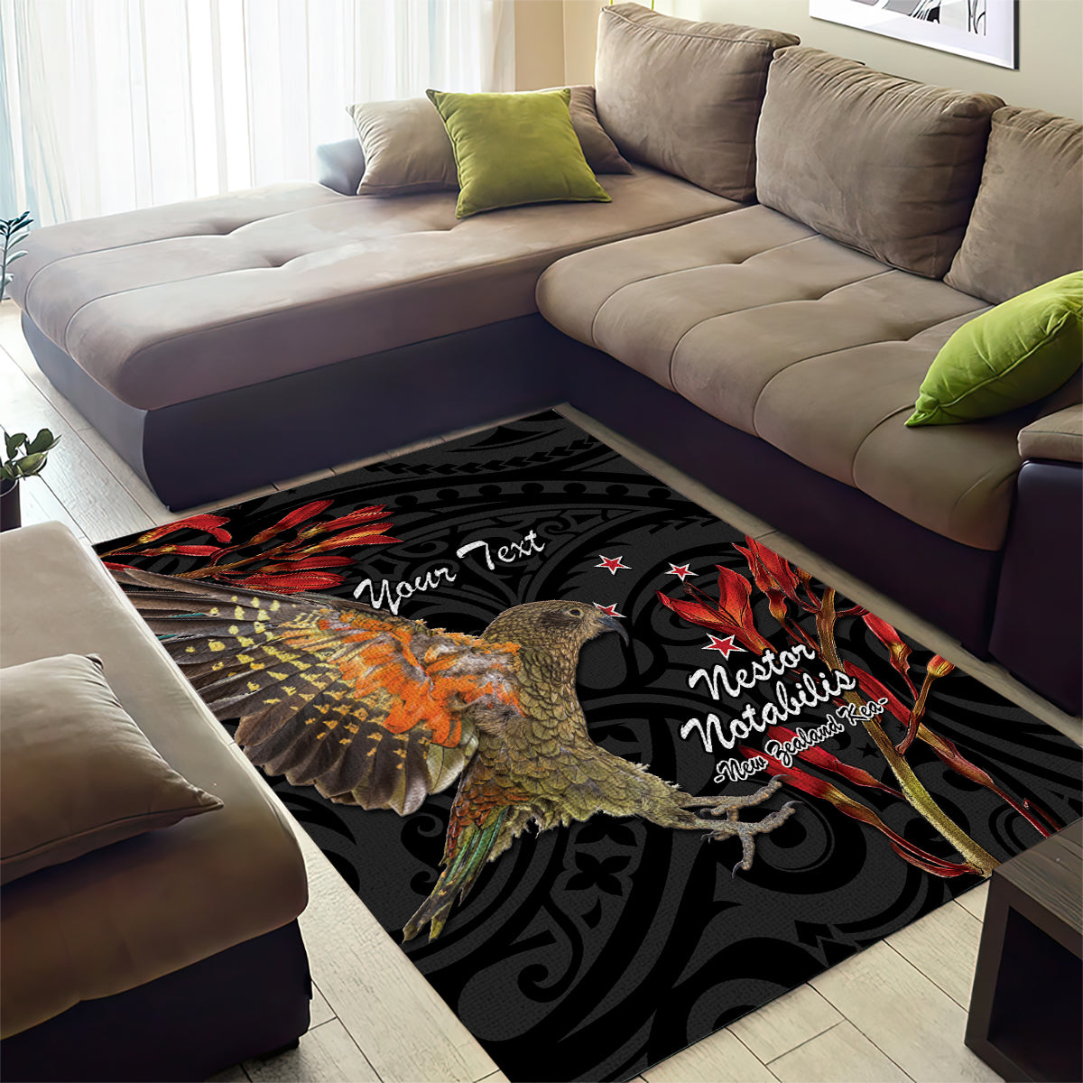 Personalised New Zealand Kea Area Rug Nestor Notabilis With Harakeke Maori Pattern - Vibe Hoodie Shop