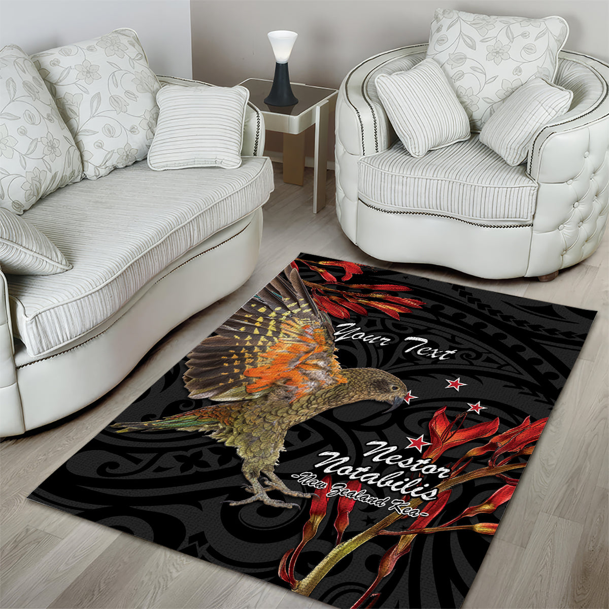 Personalised New Zealand Kea Area Rug Nestor Notabilis With Harakeke Maori Pattern - Vibe Hoodie Shop