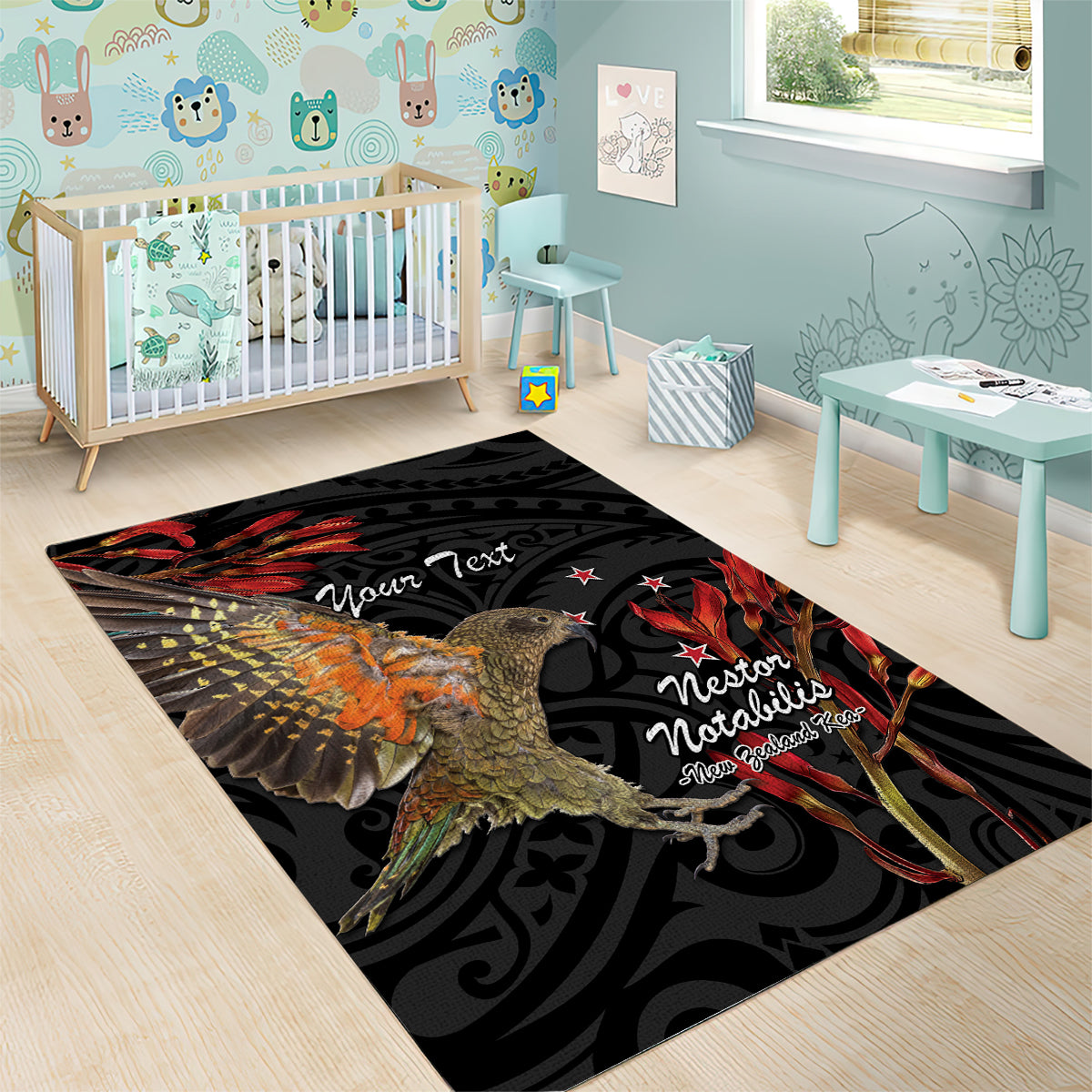 Personalised New Zealand Kea Area Rug Nestor Notabilis With Harakeke Maori Pattern - Vibe Hoodie Shop