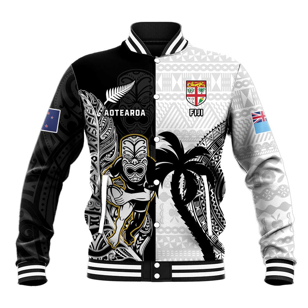 Custom Fiji And New Zealand Rugby Baseball Jacket Aotearoa Silver Fern Mix Fijian Tapa Pattern - Vibe Hoodie Shop