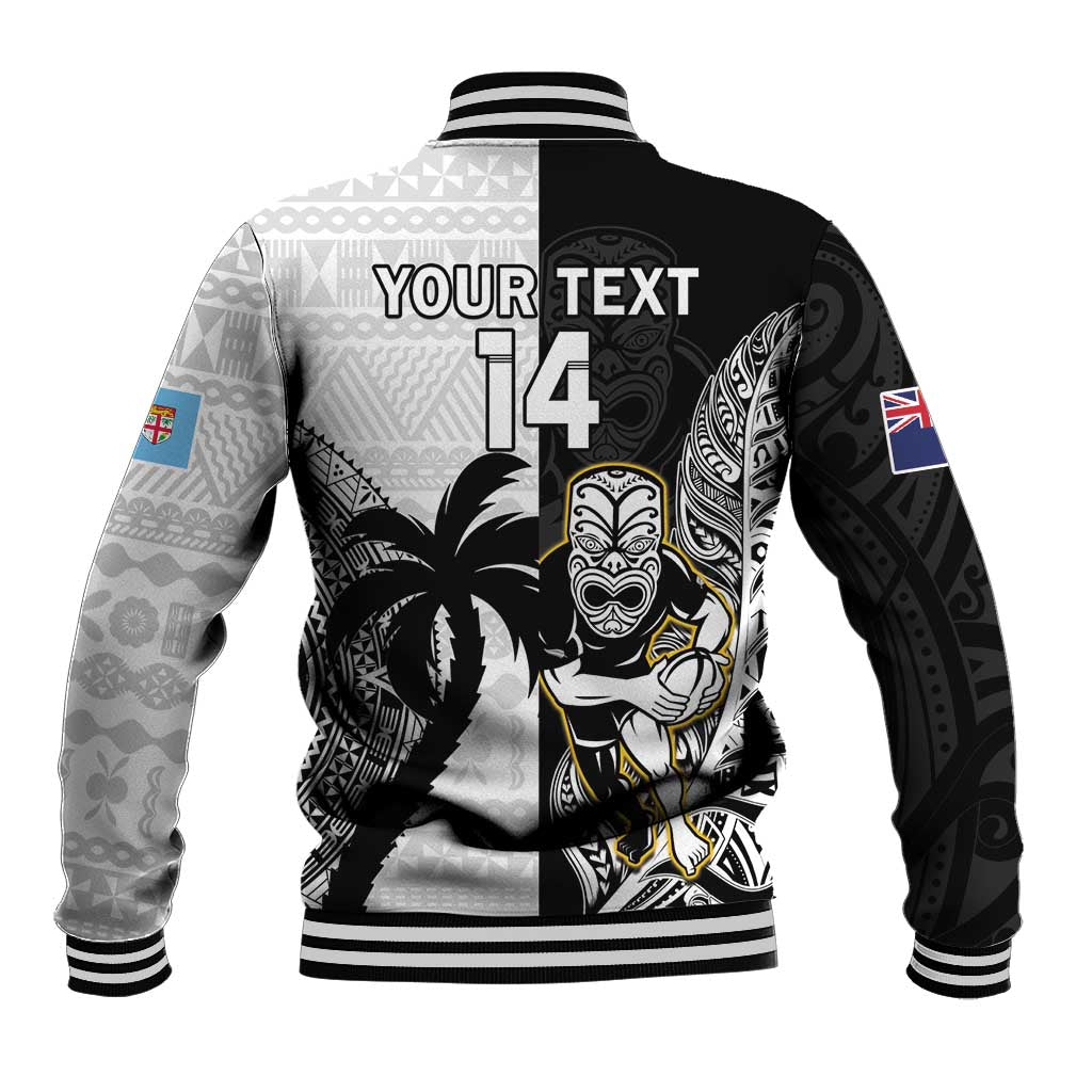 Custom Fiji And New Zealand Rugby Baseball Jacket Aotearoa Silver Fern Mix Fijian Tapa Pattern - Vibe Hoodie Shop