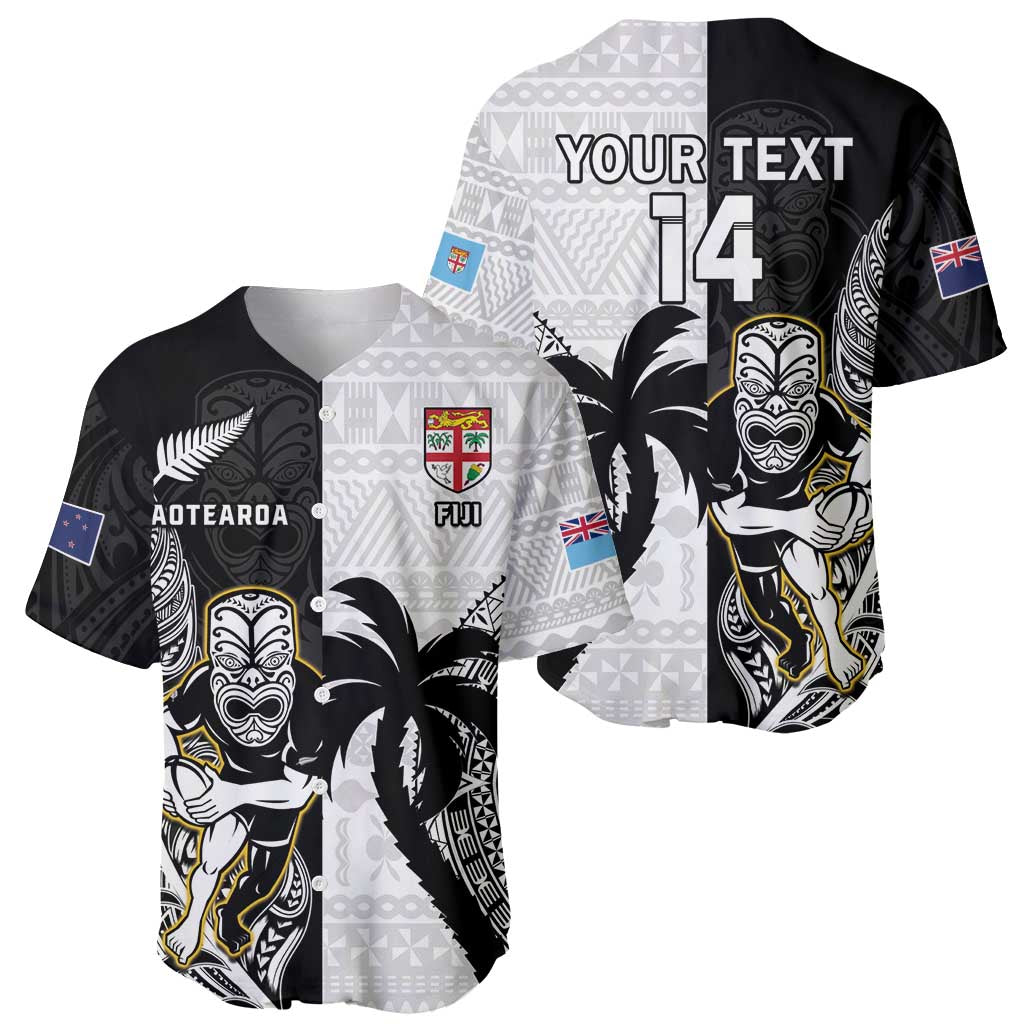 Custom Fiji And New Zealand Rugby Baseball Jersey Aotearoa Silver Fern Mix Fijian Tapa Pattern - Vibe Hoodie Shop