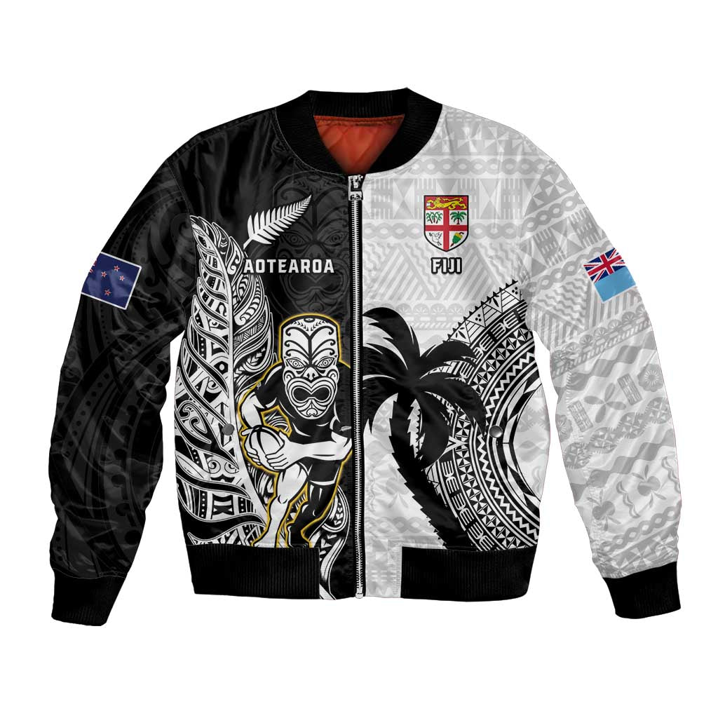 Custom Fiji And New Zealand Rugby Bomber Jacket Aotearoa Silver Fern Mix Fijian Tapa Pattern - Vibe Hoodie Shop