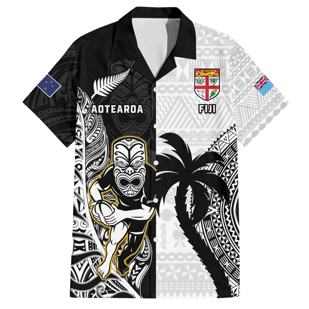 Custom Fiji And New Zealand Rugby Family Matching Off Shoulder Short Dress and Hawaiian Shirt Aotearoa Silver Fern Mix Fijian Tapa Pattern