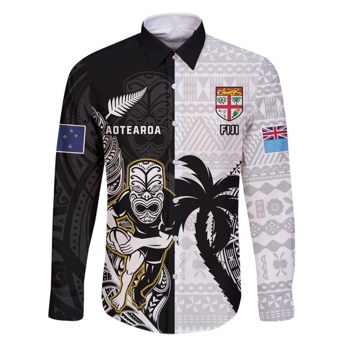 Custom Fiji And New Zealand Rugby Family Matching Puletasi and Hawaiian Shirt Aotearoa Silver Fern Mix Fijian Tapa Pattern