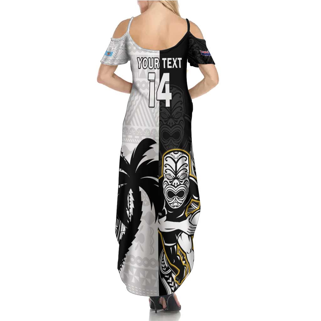 Custom Fiji And New Zealand Rugby Family Matching Summer Maxi Dress and Hawaiian Shirt Aotearoa Silver Fern Mix Fijian Tapa Pattern