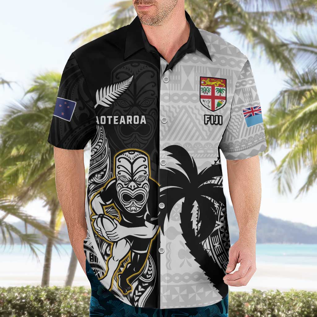 Custom Fiji And New Zealand Rugby Hawaiian Shirt Aotearoa Silver Fern Mix Fijian Tapa Pattern - Vibe Hoodie Shop