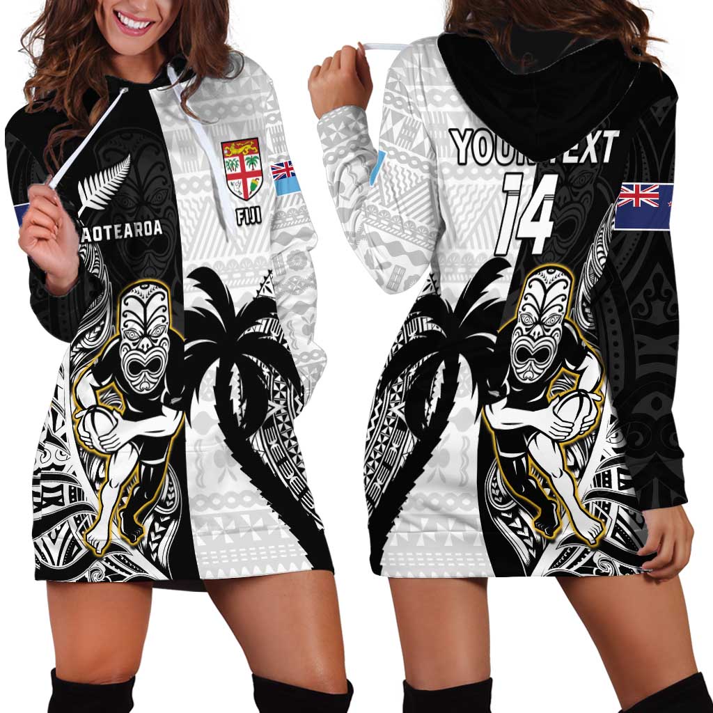 Custom Fiji And New Zealand Rugby Hoodie Dress Aotearoa Silver Fern Mix Fijian Tapa Pattern - Vibe Hoodie Shop