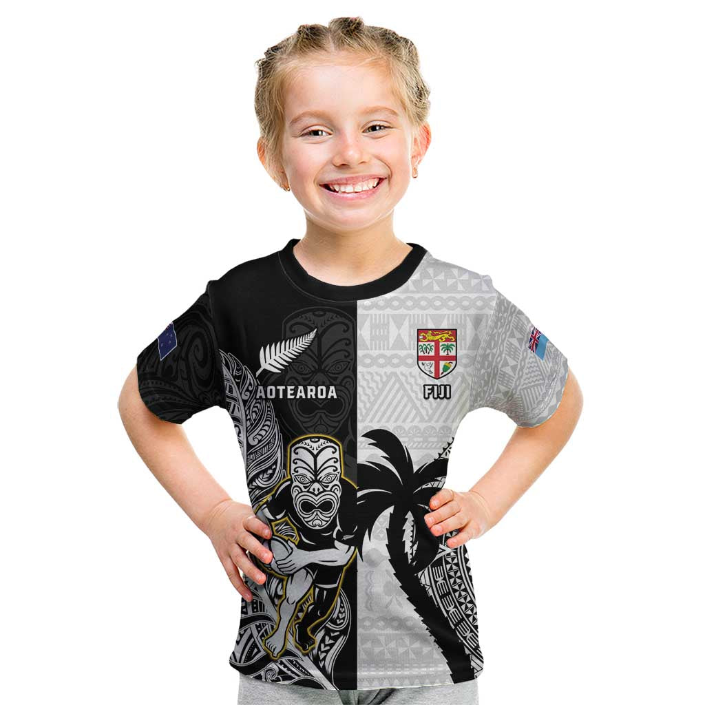 Custom Fiji And New Zealand Rugby Kid T Shirt Aotearoa Silver Fern Mix Fijian Tapa Pattern - Vibe Hoodie Shop