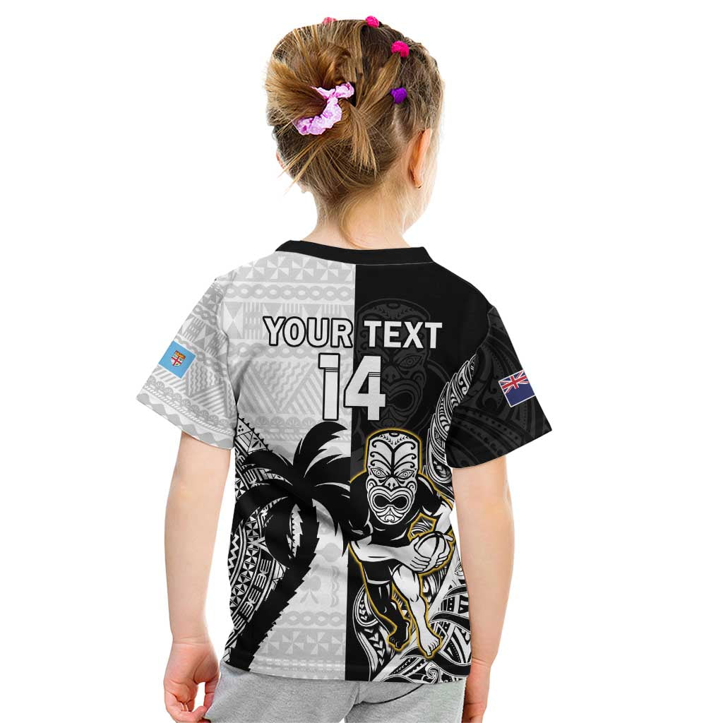 Custom Fiji And New Zealand Rugby Kid T Shirt Aotearoa Silver Fern Mix Fijian Tapa Pattern - Vibe Hoodie Shop