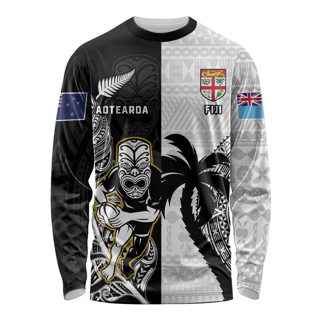 Custom Fiji And New Zealand Rugby Long Sleeve Shirt Aotearoa Silver Fern Mix Fijian Tapa Pattern - Vibe Hoodie Shop