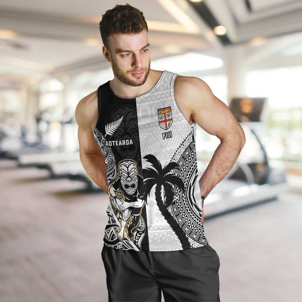 Custom Fiji And New Zealand Rugby Men Tank Top Aotearoa Silver Fern Mix Fijian Tapa Pattern - Vibe Hoodie Shop
