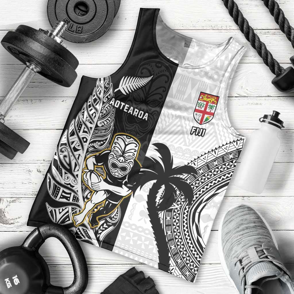 Custom Fiji And New Zealand Rugby Men Tank Top Aotearoa Silver Fern Mix Fijian Tapa Pattern - Vibe Hoodie Shop