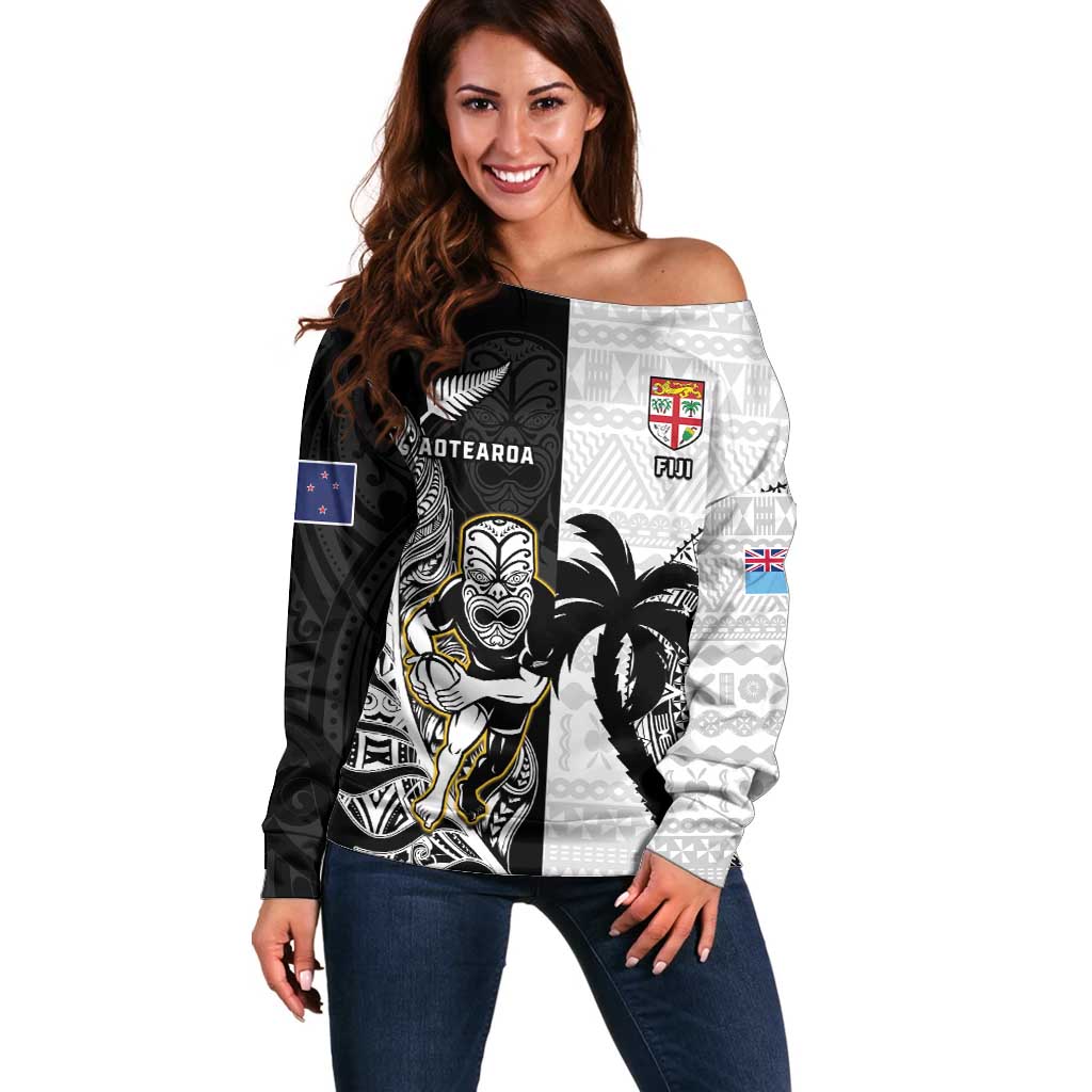 Custom Fiji And New Zealand Rugby Off Shoulder Sweater Aotearoa Silver Fern Mix Fijian Tapa Pattern - Vibe Hoodie Shop