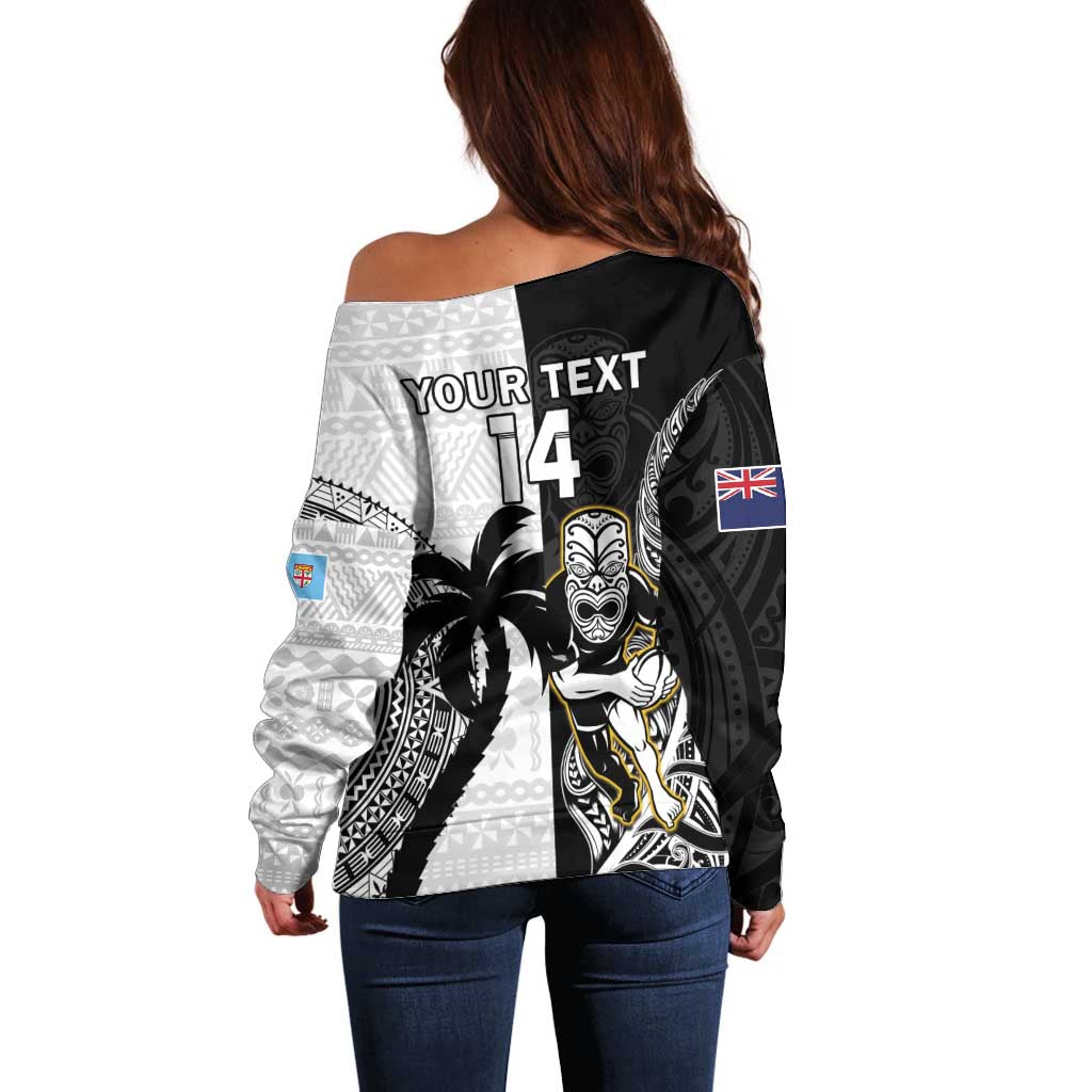 Custom Fiji And New Zealand Rugby Off Shoulder Sweater Aotearoa Silver Fern Mix Fijian Tapa Pattern - Vibe Hoodie Shop