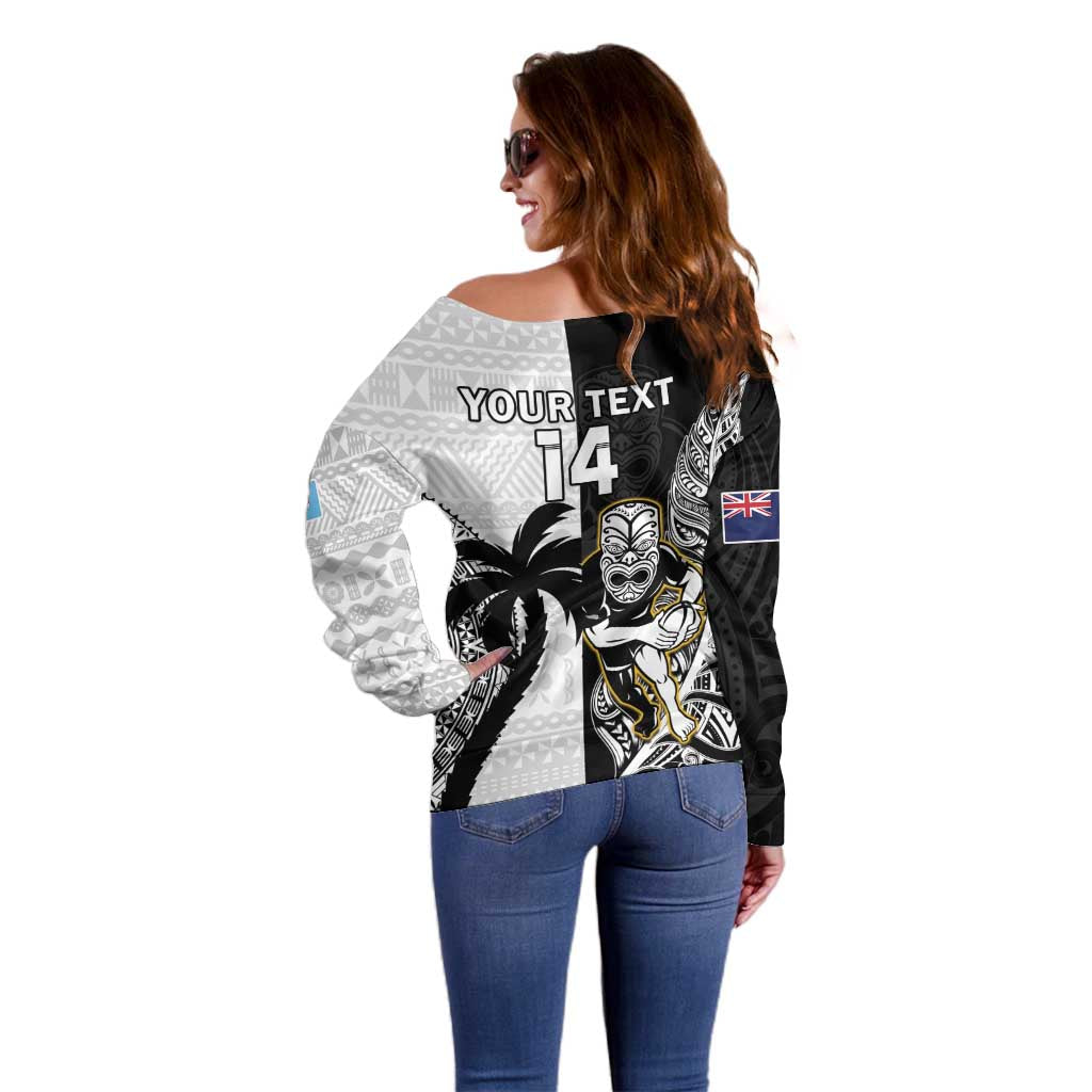 Custom Fiji And New Zealand Rugby Off Shoulder Sweater Aotearoa Silver Fern Mix Fijian Tapa Pattern - Vibe Hoodie Shop