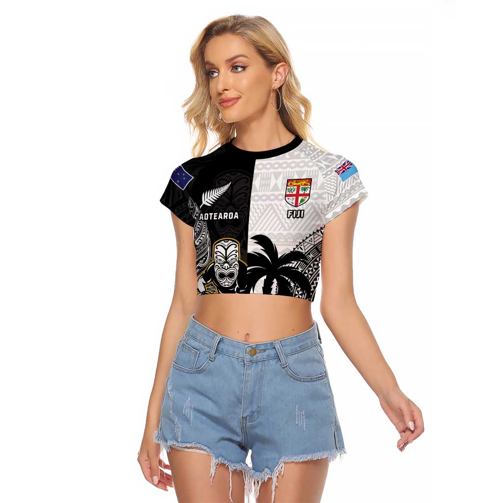 Custom Fiji And New Zealand Rugby Raglan Cropped T Shirt Aotearoa Silver Fern Mix Fijian Tapa Pattern - Vibe Hoodie Shop