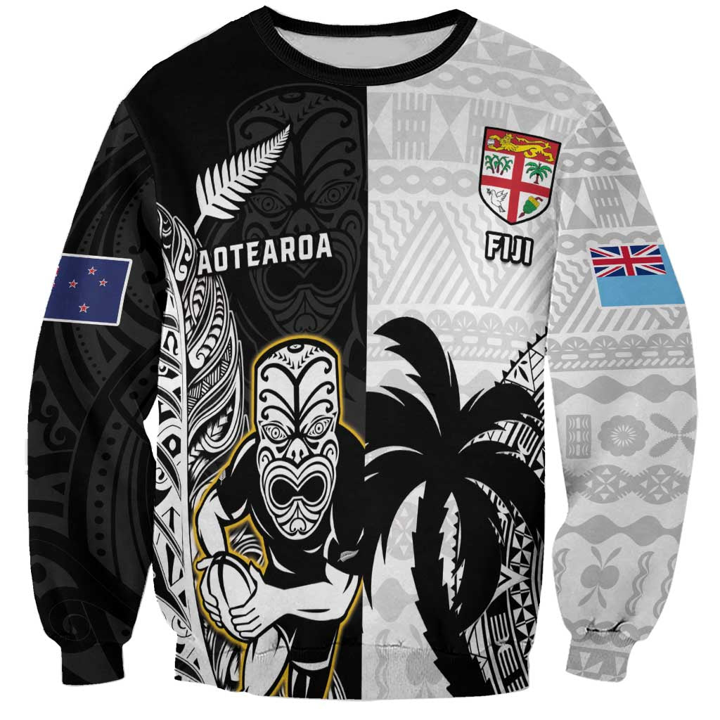 Custom Fiji And New Zealand Rugby Sweatshirt Aotearoa Silver Fern Mix Fijian Tapa Pattern - Vibe Hoodie Shop
