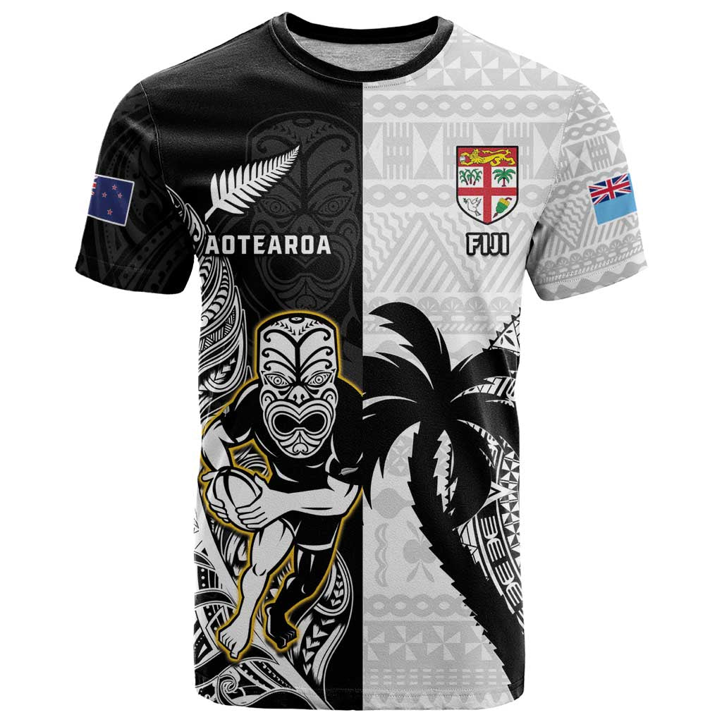 Custom Fiji And New Zealand Rugby T Shirt Aotearoa Silver Fern Mix Fijian Tapa Pattern - Vibe Hoodie Shop