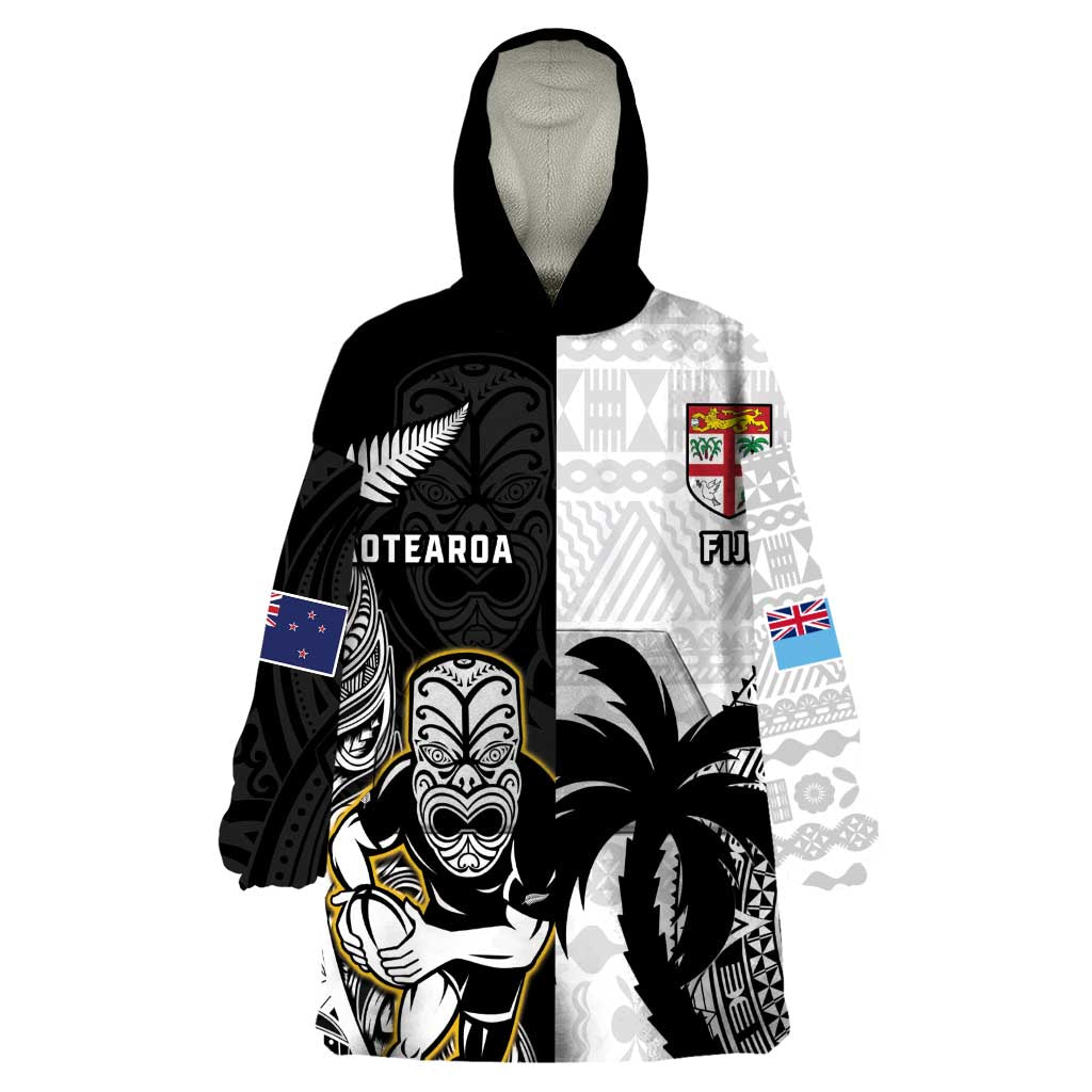 Custom Fiji And New Zealand Rugby Wearable Blanket Hoodie Aotearoa Silver Fern Mix Fijian Tapa Pattern - Vibe Hoodie Shop