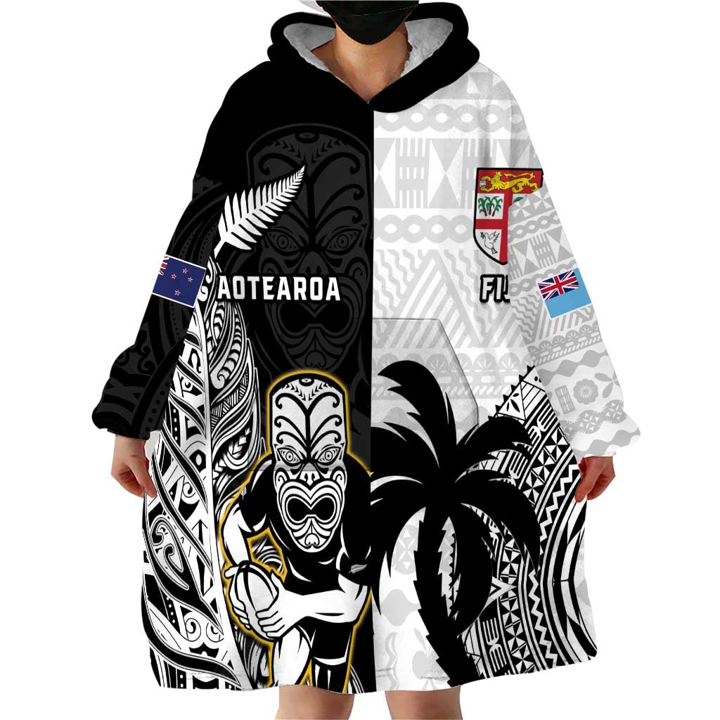 Custom Fiji And New Zealand Rugby Wearable Blanket Hoodie Aotearoa Silver Fern Mix Fijian Tapa Pattern - Vibe Hoodie Shop