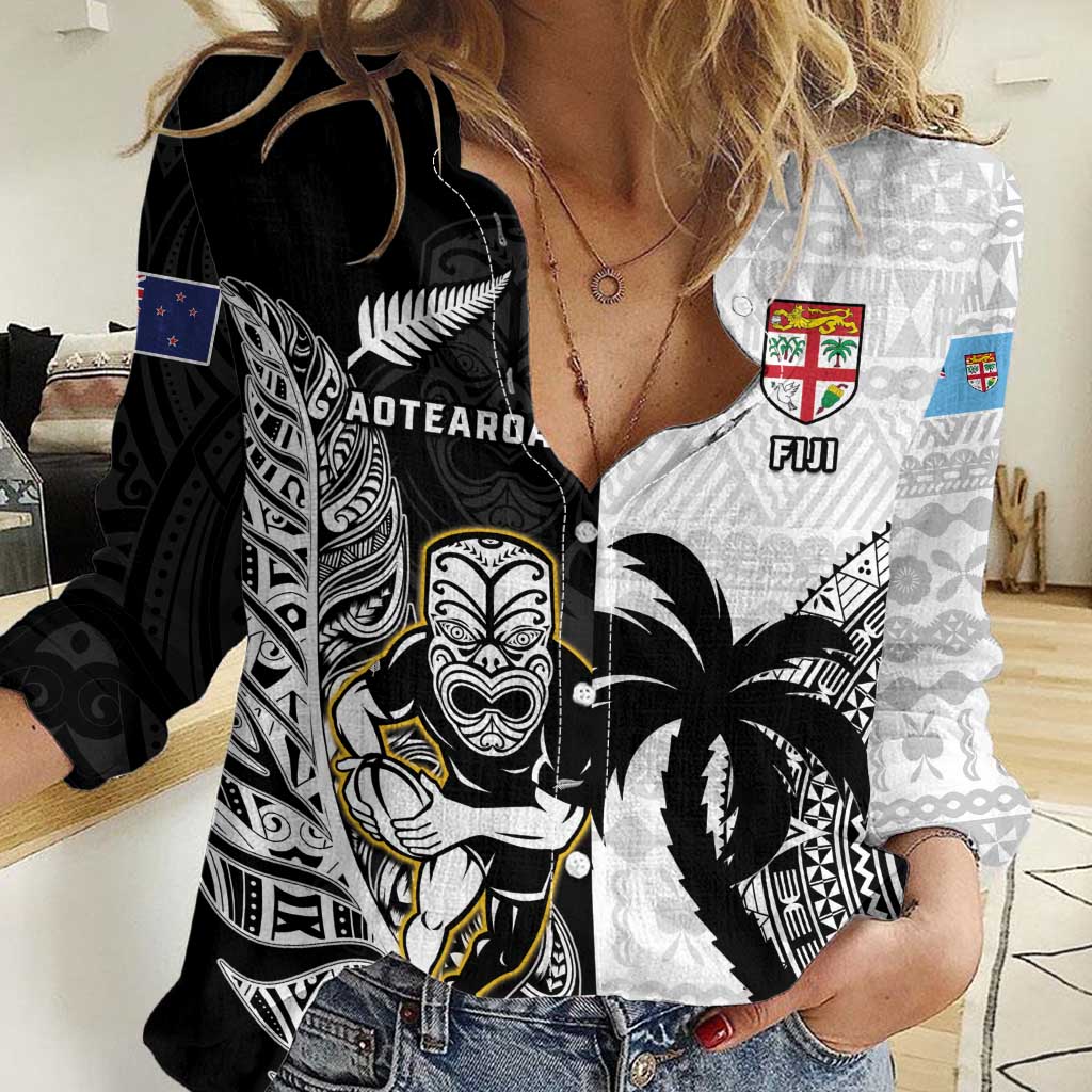 Custom Fiji And New Zealand Rugby Women Casual Shirt Aotearoa Silver Fern Mix Fijian Tapa Pattern - Vibe Hoodie Shop