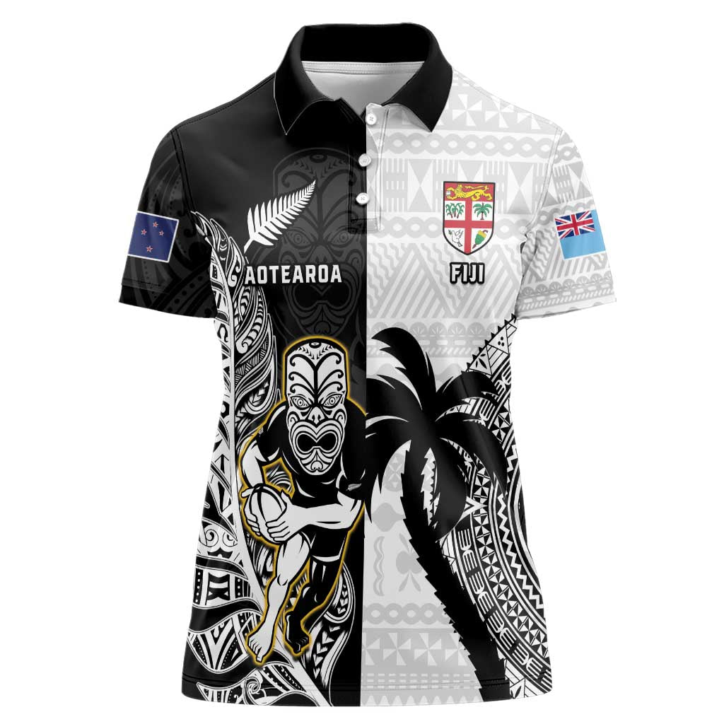 Custom Fiji And New Zealand Rugby Women Polo Shirt Aotearoa Silver Fern Mix Fijian Tapa Pattern - Vibe Hoodie Shop
