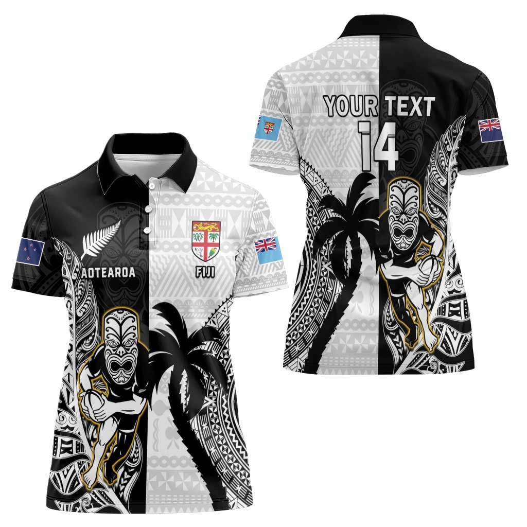 Custom Fiji And New Zealand Rugby Women Polo Shirt Aotearoa Silver Fern Mix Fijian Tapa Pattern - Vibe Hoodie Shop