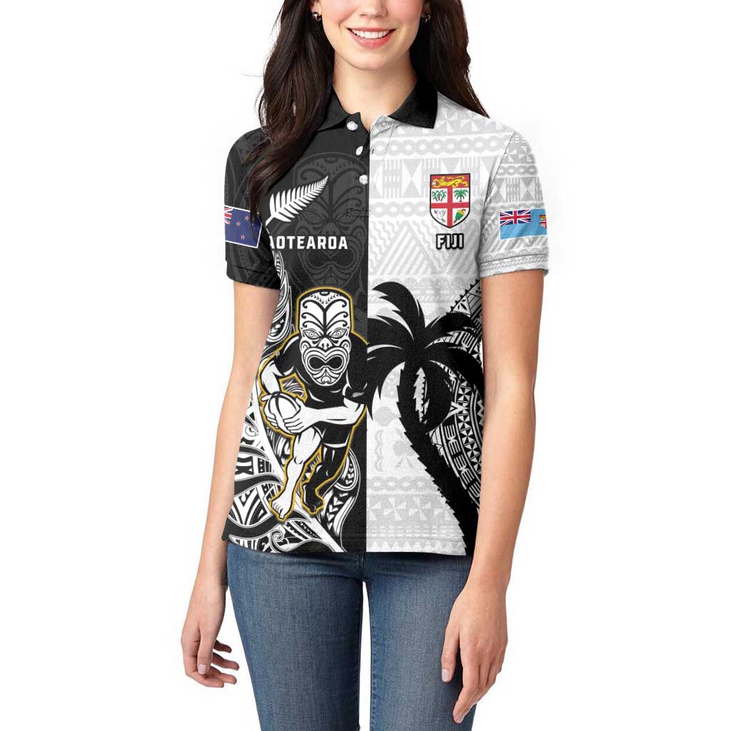 Custom Fiji And New Zealand Rugby Women Polo Shirt Aotearoa Silver Fern Mix Fijian Tapa Pattern - Vibe Hoodie Shop