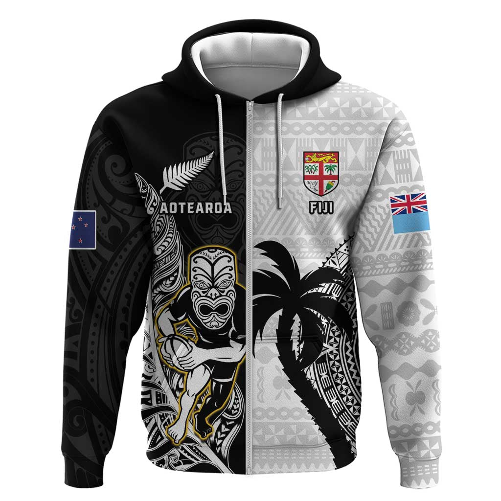 Custom Fiji And New Zealand Rugby Zip Hoodie Aotearoa Silver Fern Mix Fijian Tapa Pattern - Vibe Hoodie Shop