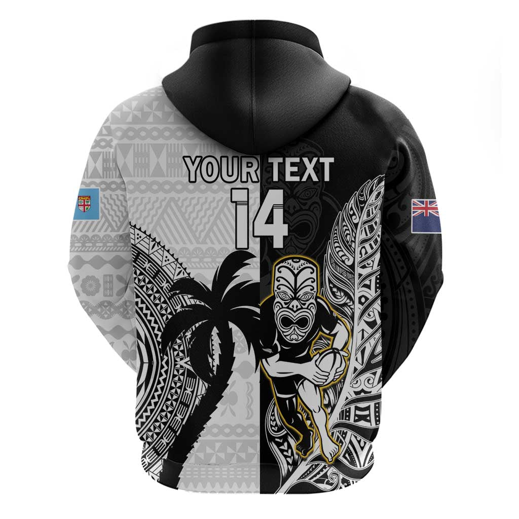 Custom Fiji And New Zealand Rugby Zip Hoodie Aotearoa Silver Fern Mix Fijian Tapa Pattern - Vibe Hoodie Shop