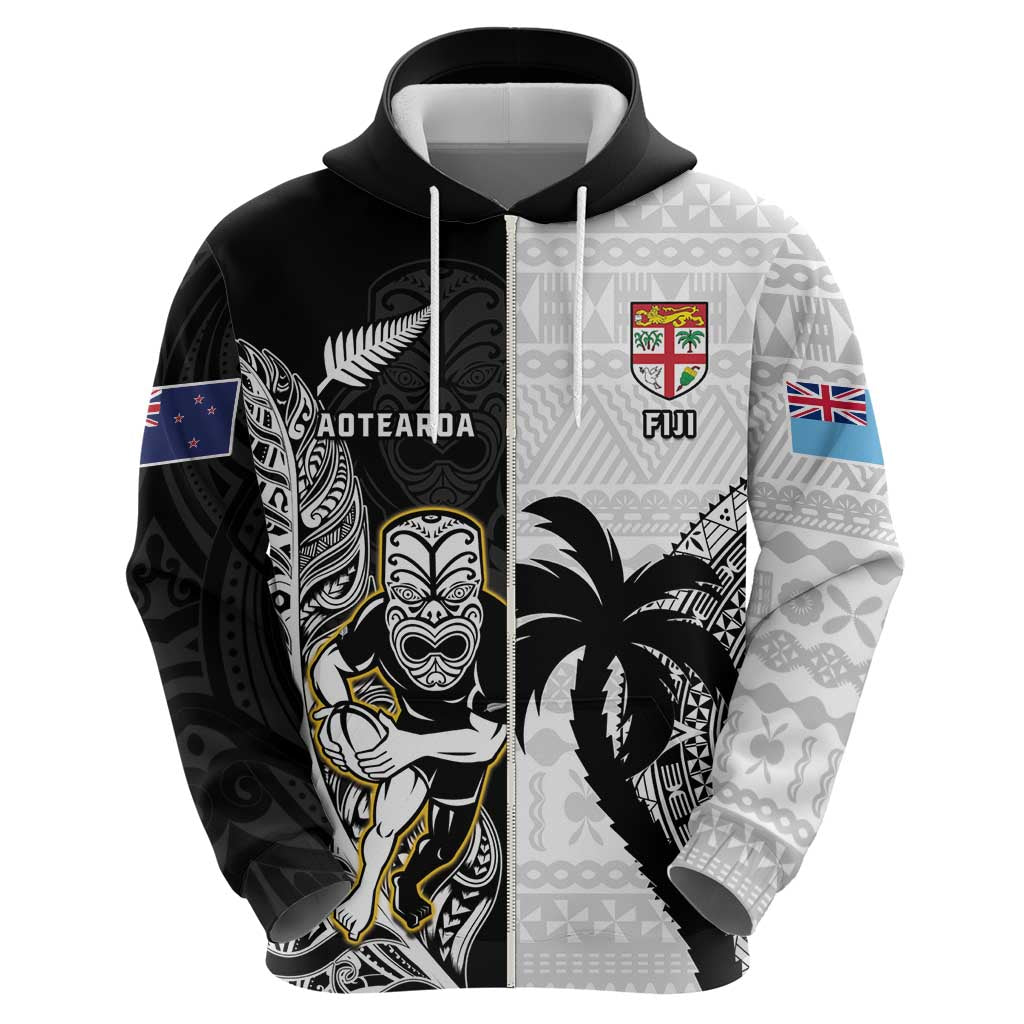 Custom Fiji And New Zealand Rugby Zip Hoodie Aotearoa Silver Fern Mix Fijian Tapa Pattern - Vibe Hoodie Shop