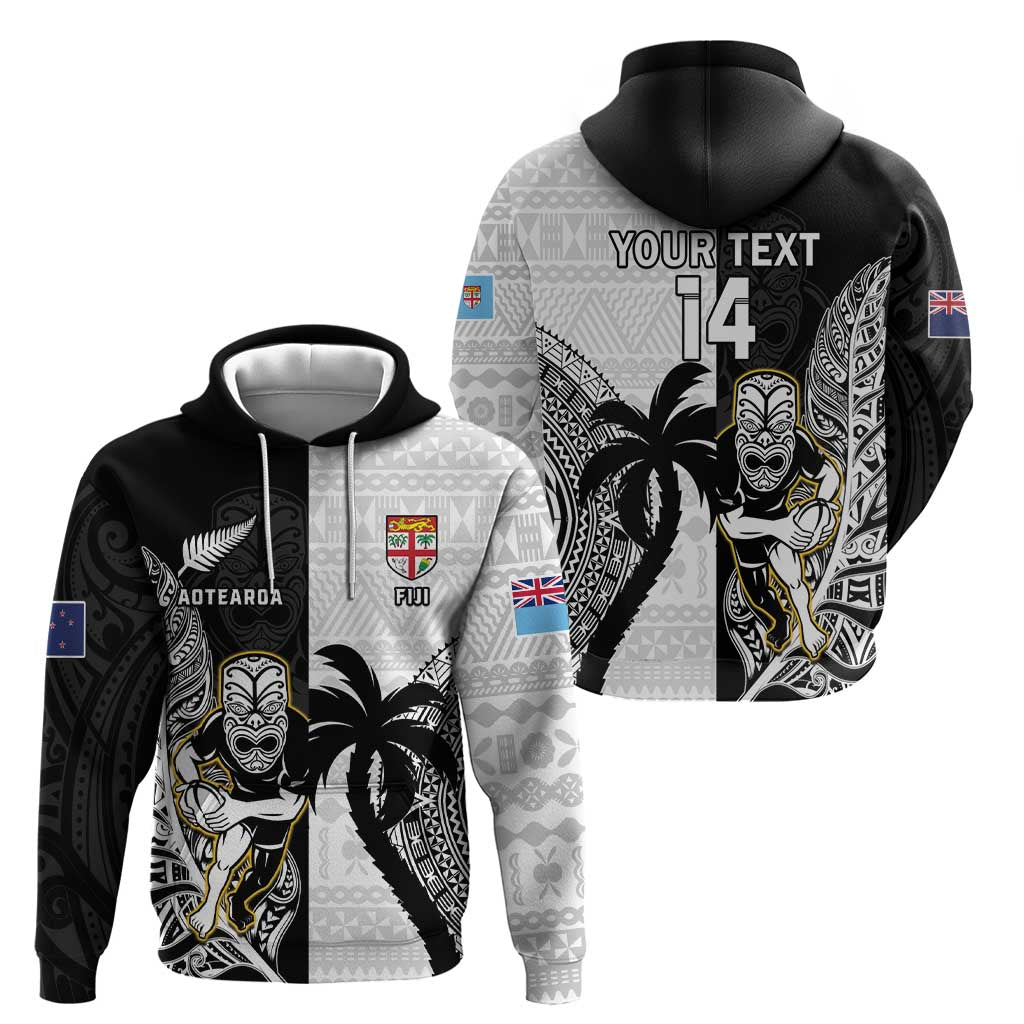 Custom Fiji And New Zealand Rugby Zip Hoodie Aotearoa Silver Fern Mix Fijian Tapa Pattern - Vibe Hoodie Shop