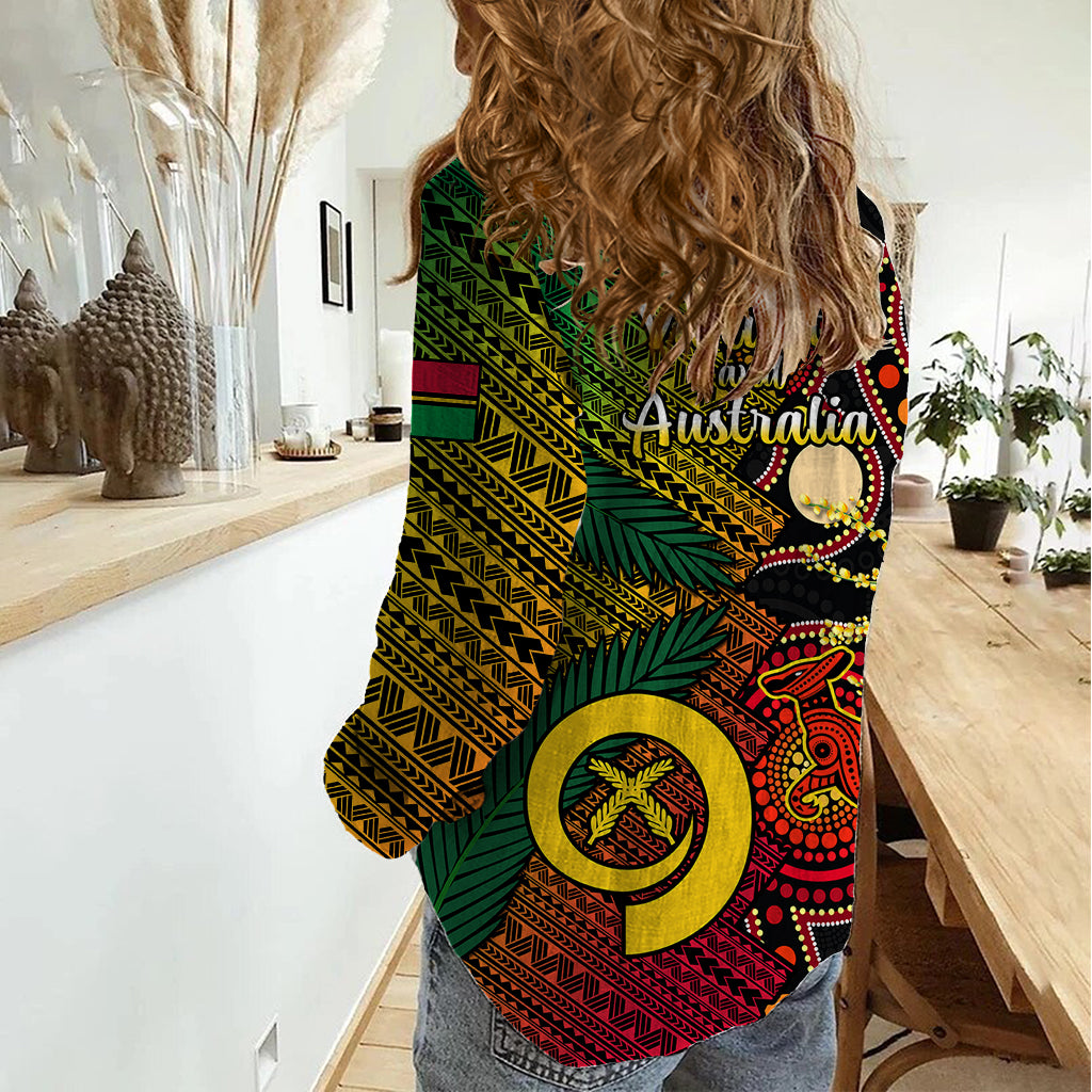 Vanuatu and Australia Women Casual Shirt Vanuatuan Polynesian Mix Aussie Aboriginal Art - Vibe Hoodie Shop