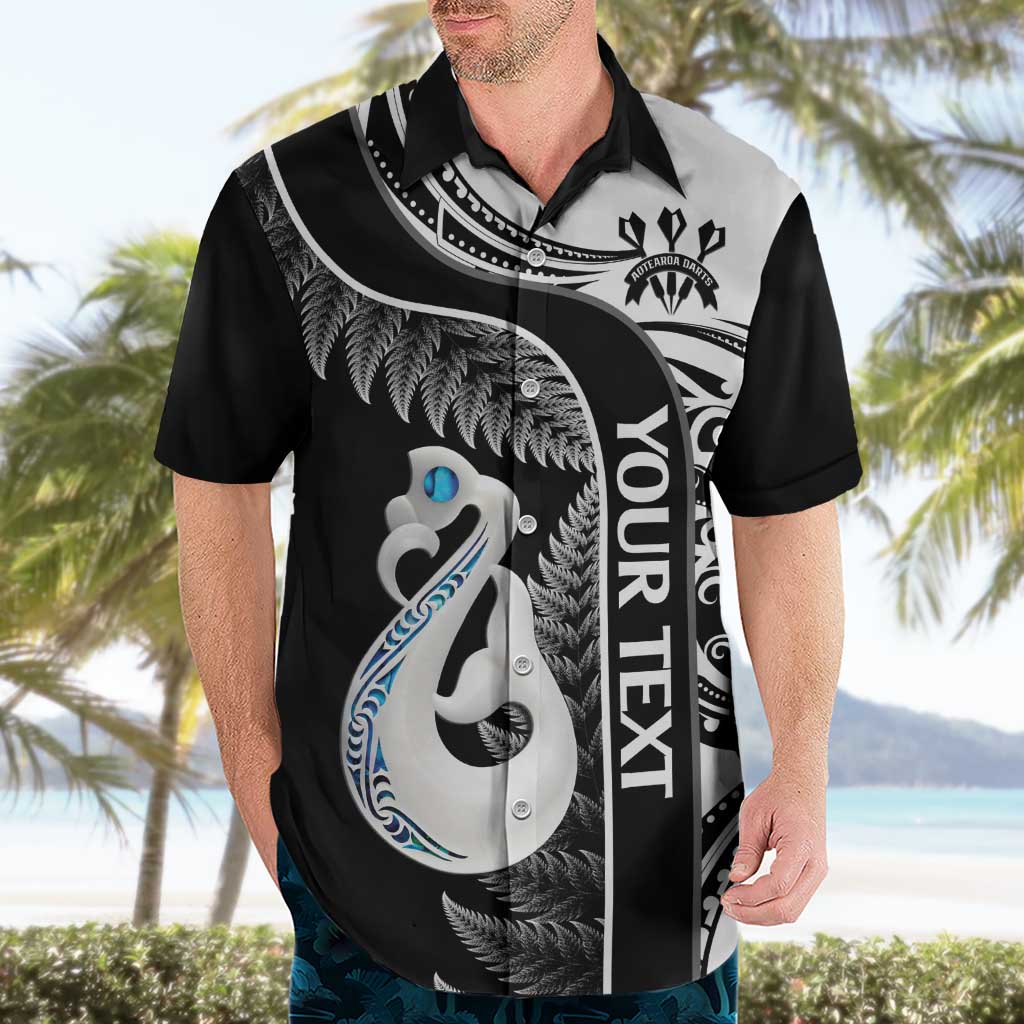 Personalised New Zealand Darts Hawaiian Shirt Aotearoa Fern Mix Paua Shell Manaia - Black - Vibe Hoodie Shop