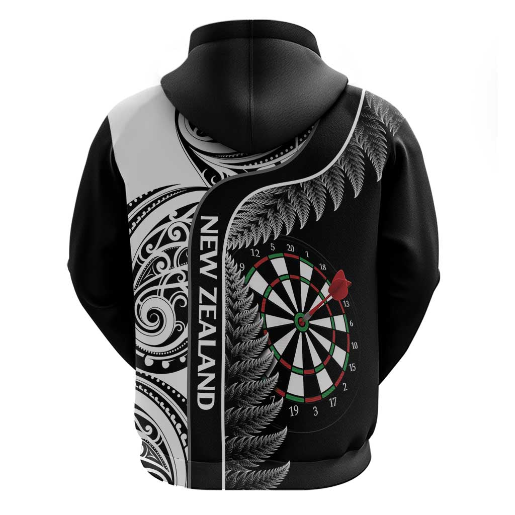 Personalised New Zealand Darts Hoodie Aotearoa Fern Mix Paua Shell Manaia - Black - Vibe Hoodie Shop