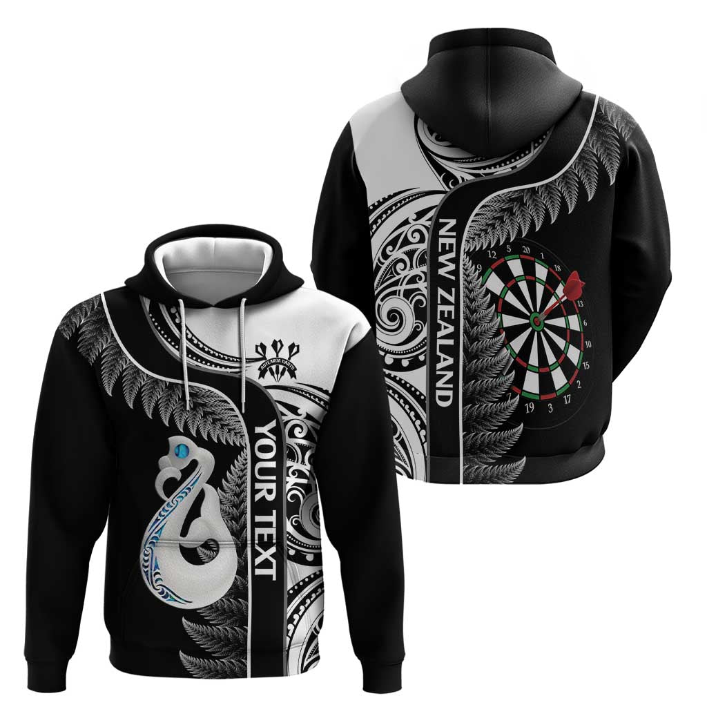 Personalised New Zealand Darts Hoodie Aotearoa Fern Mix Paua Shell Manaia - Black - Vibe Hoodie Shop