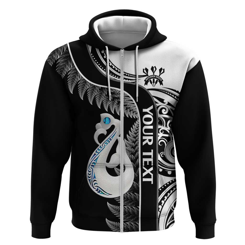 Personalised New Zealand Darts Hoodie Aotearoa Fern Mix Paua Shell Manaia - Black - Vibe Hoodie Shop