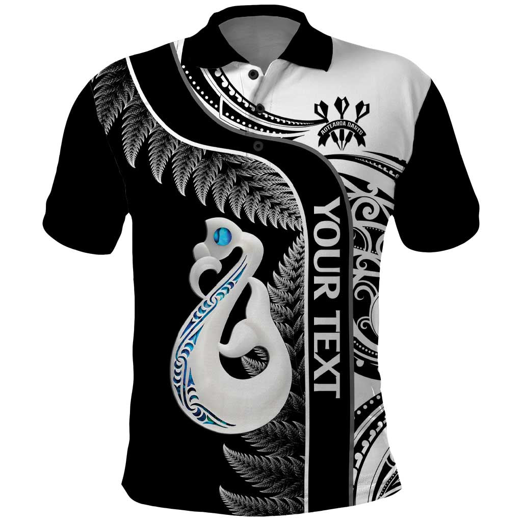 Personalised New Zealand Darts Polo Shirt Aotearoa Fern Mix Paua Shell Manaia - Black - Vibe Hoodie Shop