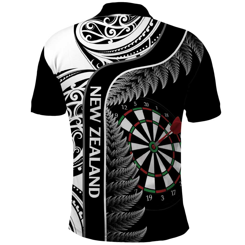 Personalised New Zealand Darts Polo Shirt Aotearoa Fern Mix Paua Shell Manaia - Black - Vibe Hoodie Shop