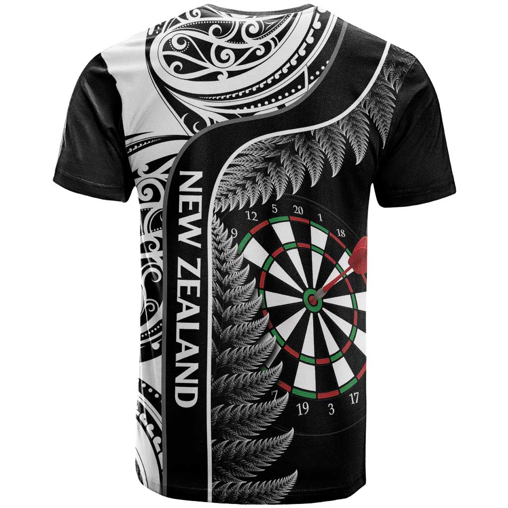 Personalised New Zealand Darts T Shirt Aotearoa Fern Mix Paua Shell Manaia - Black - Vibe Hoodie Shop