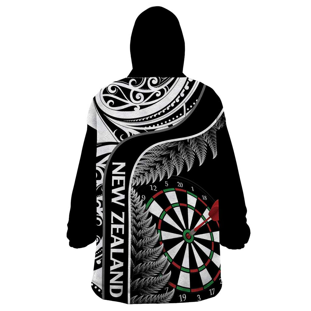 Personalised New Zealand Darts Wearable Blanket Hoodie Aotearoa Fern Mix Paua Shell Manaia - Black - Vibe Hoodie Shop